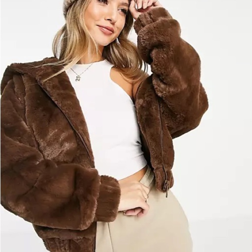 Pull & Bear Brown Faux Fur Hoodie Zip Jacket